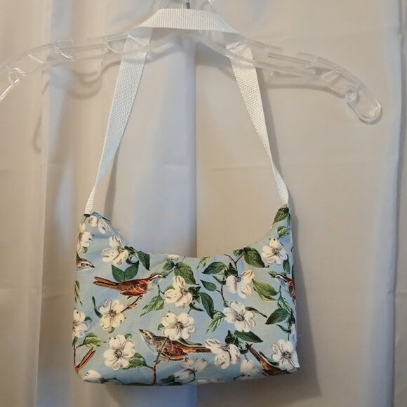 New Floral Birds Top handle Shoulder Bag Purse Blue White Crescent Baguette - Picture 1 of 7